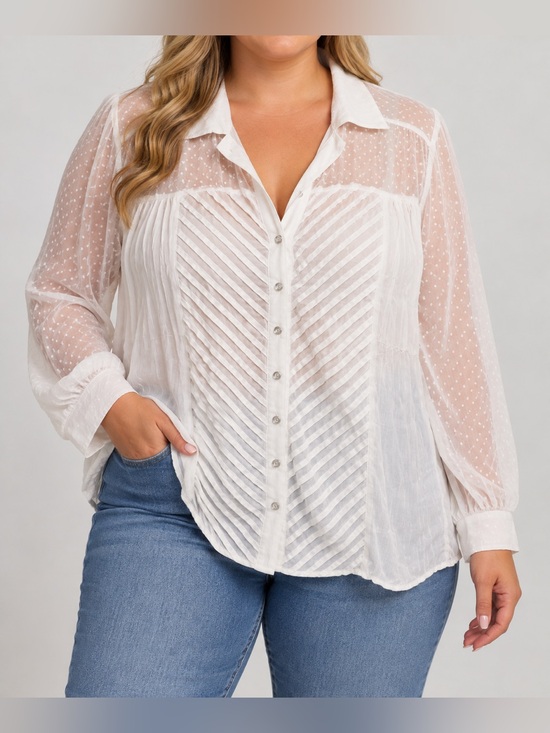 MKM Designs Tops - MKM Designs White Sheer Dot-Panel Button Front Blouse 3X